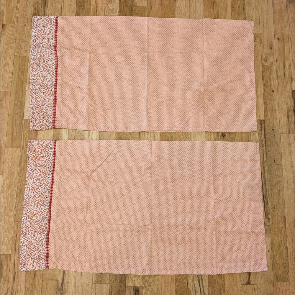 Vintage Handmade Pillowcase Pair Standard Pink Floral Feedsack Cotton Rustic